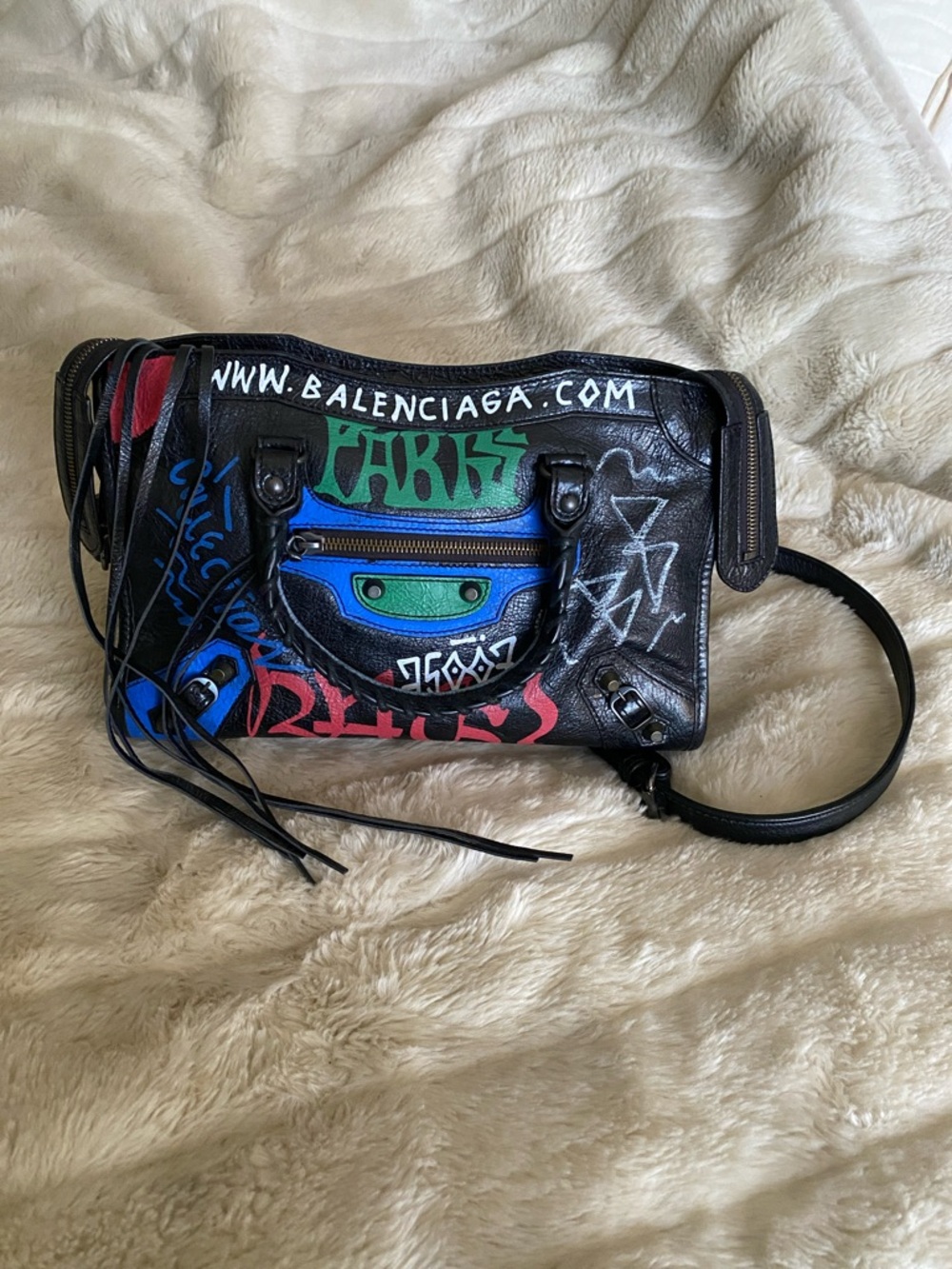 Balenciaga Black Graffiti City Bag with Blue, Green & Red Accents